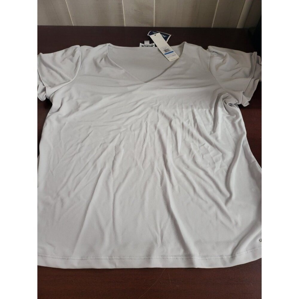 Ladies Calvin Klein Top Blouse Shirt XL White sh16" Ch21" L24" V-Neck Puffy Slee